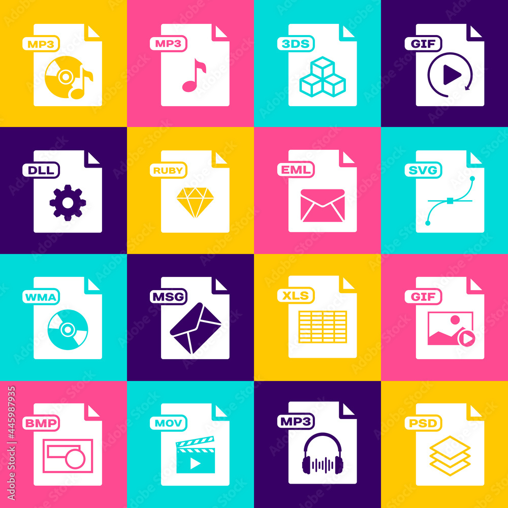 Set PSD file document, GIF, SVG, 3DS, RUBY, DLL, MP3 and EML icon ...