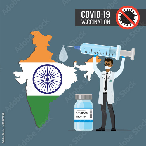 Vaccine implementation. India COVID-19 vaccination. Male doctor or medical staff uses syringe and injecting vaccine in India map. Stop Coronavirus banner.