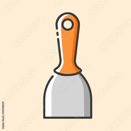 Flexible putty knife with orange plastic handle. Vector outline color flat icon on yellow background. Hand construction tool for renovation work.