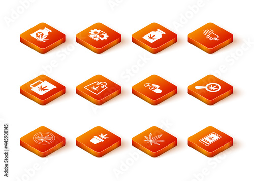 Set Stop marijuana, Marijuana plant in pot, Cup tea with, Shopping bag of, or cannabis leaf, Medical pills, Online buying and Magnifying glass and icon. Vector