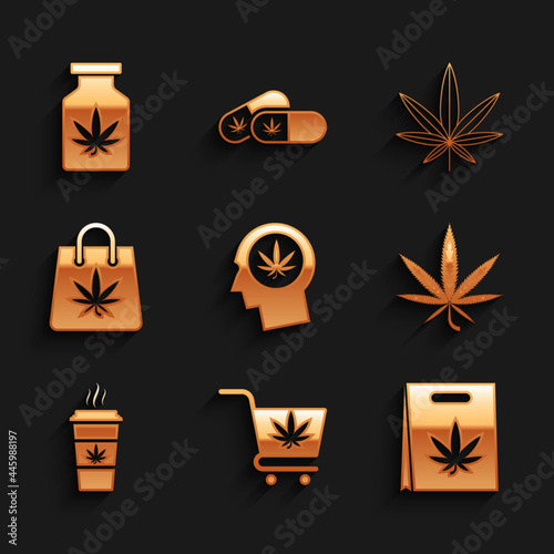 Set Head in profile with marijuana, Shopping cart, bag, Marijuana or cannabis leaf, Cup coffee, and Medical bottle icon. Vector