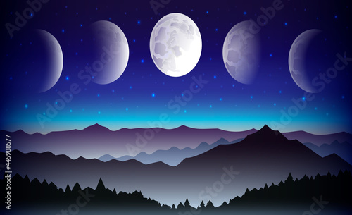 landscape with mountains and moon phases, full moon and month