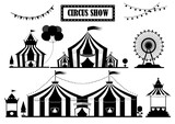 Set of silhouettes circus tent marquee with stripes and flags isolated,Ferris Wheel,Vector illustrations. 