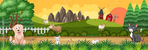 Panorama landscape scene with various farm animals in the farm