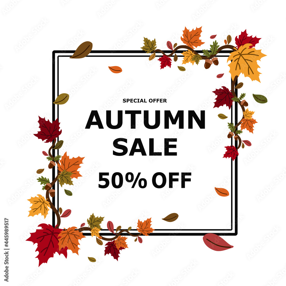 Autumn crunchy leaves frame background template for promo poster, shopping sale, leaflet, web banner with white blank background at middle flat vector illustration. Autumn crunchy leaves frame background template for promo poster, shopping sale, leaflet, web banner with white blank background at middle flat vector illustration.