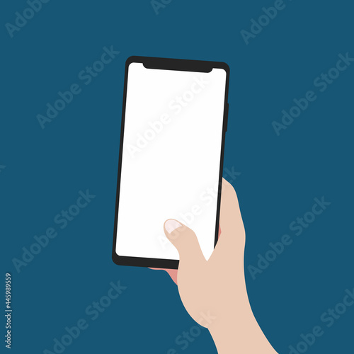 A beautiful hand grabbing a white  blank screen smartphone template isolated background flat vector illustration.Social communication, gaming, working with smartphone