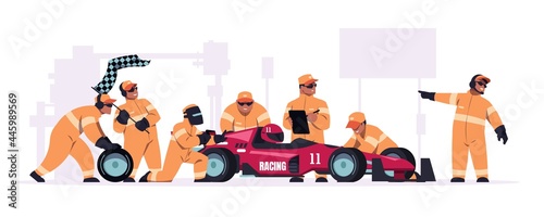 Racing crew. Cartoon pit stop team in uniform working on race car. Mechanic workers changing wheels of bolide. Maintenance technicians and engineers. Automobile repair. Vector illustration photo