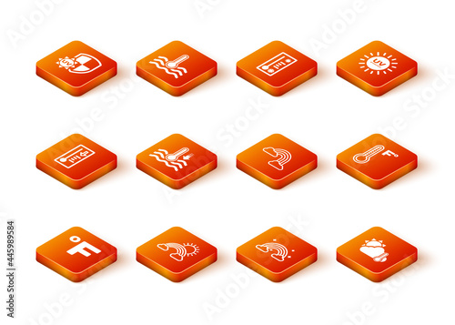 Set Fahrenheit, Rainbow with clouds and sun, Meteorology thermometer, Water, Thermometer cloud, and icon. Vector