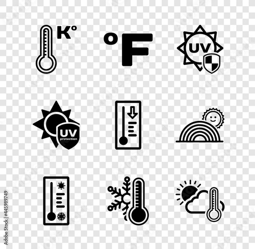 Set Meteorology thermometer, Fahrenheit, UV protection, Thermometer with snowflake, and cloud, sun, and icon. Vector