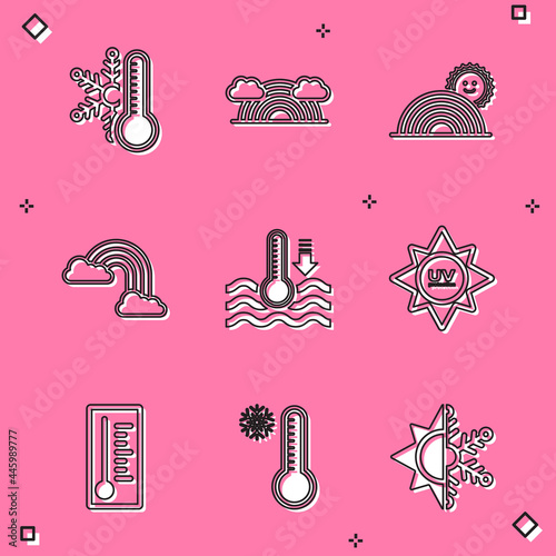 Set Thermometer with snowflake, Rainbow clouds, sun, Water thermometer, UV protection, Meteorology and icon. Vector