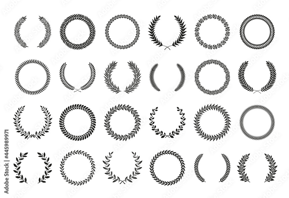 Wreath logo. Laurel branch with leaves in circle border. Traditional award winner Greek frame. Peace and trophy symbols collection. Black plant silhouettes. Vector elegant signs set Wreath logo. Laurel branch with leaves in circle border. Traditional award winner Greek frame. Peace and trophy symbols collection. Black plant silhouettes. Vector elegant signs set