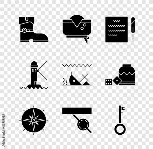 Set Leather pirate boots, Pirate hat, Feather pen and scroll, Wind rose, eye patch, key, Lighthouse and Sunken ship icon. Vector