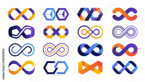 Infinite logo. Colored Mobius ribbon and eternity geometric symbols. Blue and orange limitless business emblems. Isolated repetition signs templates. Vector endless line elements set