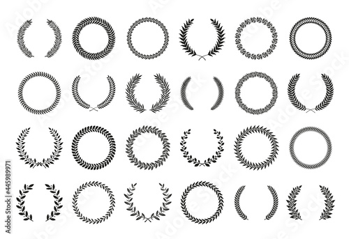Wreath logo. Laurel branch with leaves in circle border. Traditional award winner Greek frame. Peace and trophy symbols collection. Black plant silhouettes. Vector elegant signs set