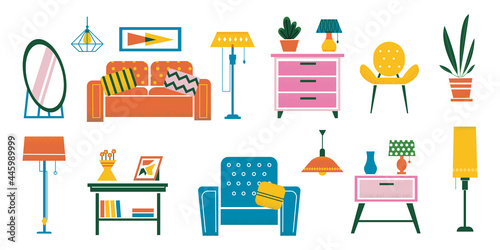 Cartoon interior furniture. Doodle plants and desks. Chairs or soft sofa. Floor and table lamps, chandelier and sconce. Flowerpots on bright commode. Vector house coziness design set