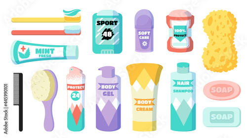 Hygiene set. Cartoon body and face skin care daily cosmetics. Shower clip art collection. Soap and shampoo. Isolated deodorant or hair comb. Toothpaste and toothbrush. Vector toiletries