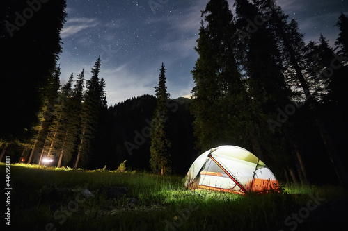 Camping tent at camping in the mountain forest under night sky