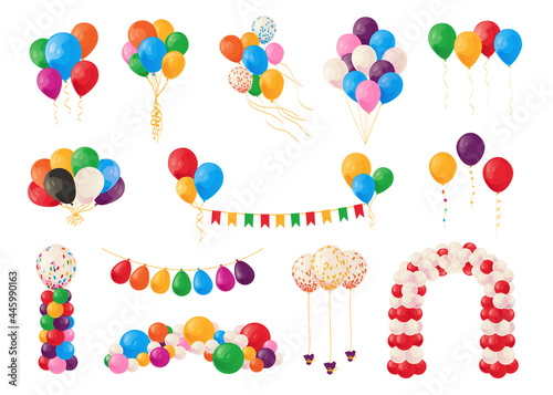 Cartoon balloons. Birthday party celebrate and carnival decoration elements. Bunch of festive bright glossy helium spheres. Garland and arch template. Vector flying inflated balls set
