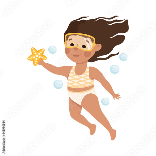 Little Girl in Swimsuit and Goggles Swimming Underwater with Starfish and Bubbles Vector Illustration