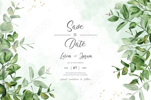 greenery wedding invitation design with arrangement eucalyptus