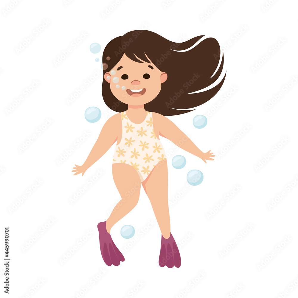 Little Girl in Swimsuit and Flippers Swimming Underwater with Bubbles