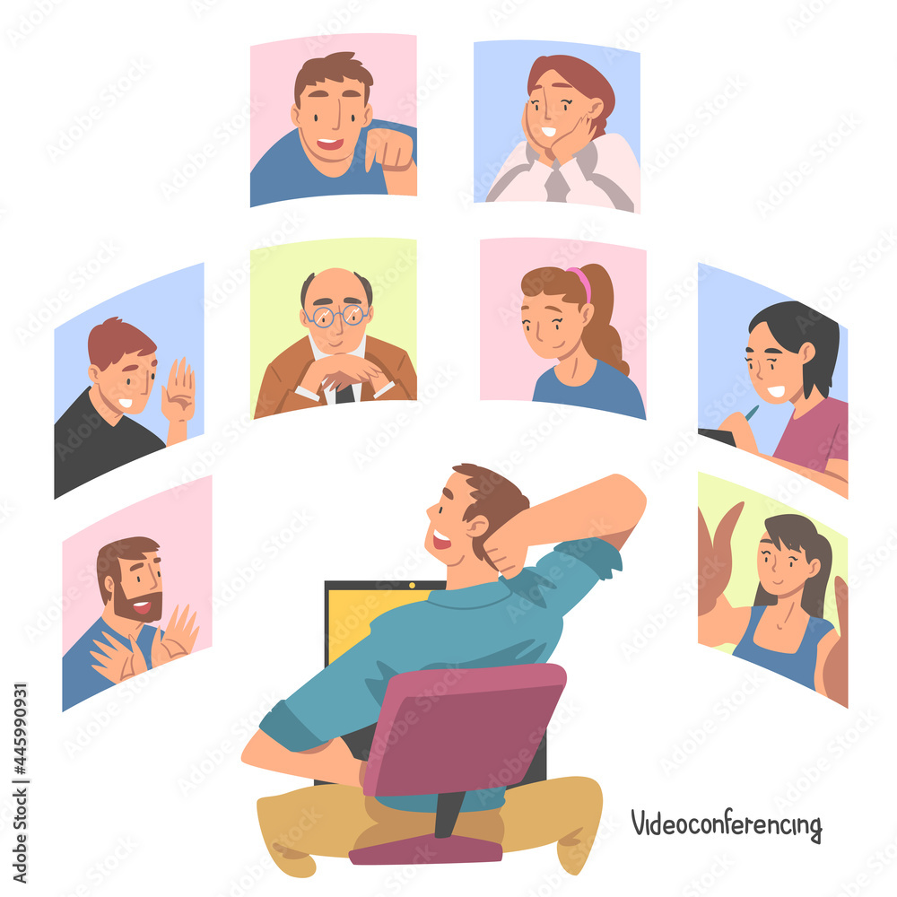 Videoconference and Web Meeting with People Characters Engaged in Online Communication in Real Time Vector Illustration Videoconference and Web Meeting with People Characters Engaged in Online Communication in Real Time Vector Illustration