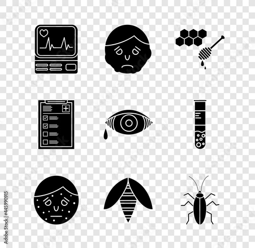 Set Monitor with cardiogram, Inflammation face, Honeycomb honey dipper, Face psoriasis eczema, Bee, Cockroach, Clinical record and Reddish eye allergic conjunctivitis icon. Vector