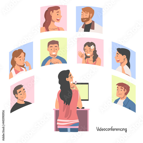 Videoconference and Web Meeting with People Characters Engaged in Online Communication in Real Time Vector Illustration