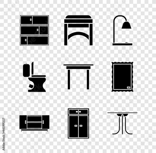 Set Shelf, Chair, Table lamp, TV table stand, Wardrobe, Round, Toilet bowl and Wooden icon. Vector