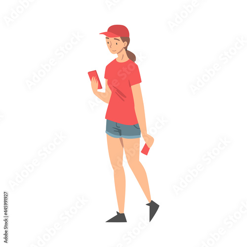 Woman Volunteer in Red Cap Hand Out Leaflet Engaged in Charity Activity Vector Illustration
