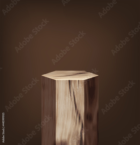 Vector wood podium hexagon shape, presentation mock up, show cosmetic product display stage pedestal design