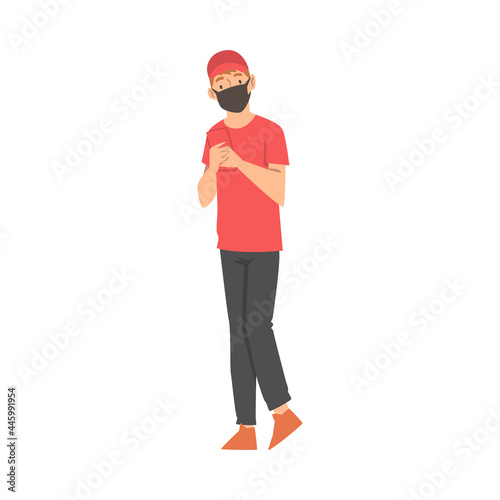 Man Volunteer in Red Cap Hand Out Leaflet Engaged in Charity Activity Vector Illustration