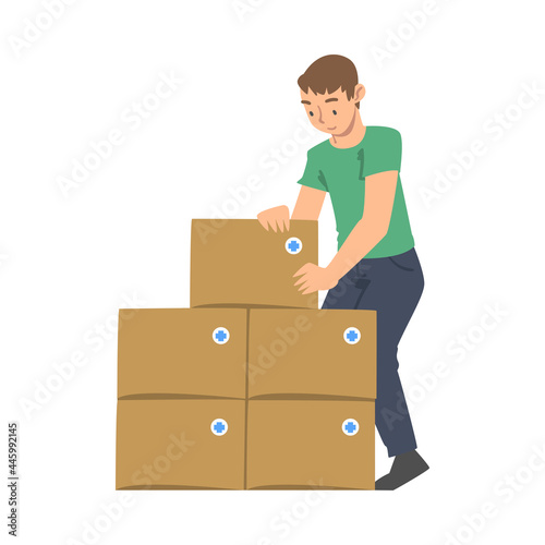 Man Volunteer with Food Box Engaged in Charity Activity Donating It to Needy Vector Illustration