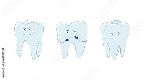 Set of molars in a cute cartoon style. Vector illustration of teeth icons with handles, eyes and mouth isolated on a white background.