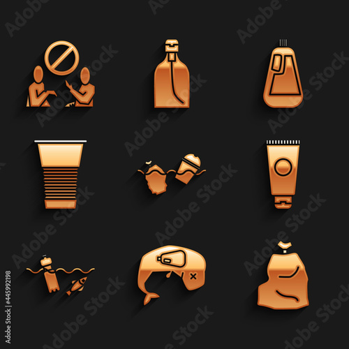 Set Problem pollution of the ocean, Environment protection whale dead, Garbage bag, Cream cosmetic tube, Paper glass, Bottle for dishwashing liquid and Stop plastic icon. Vector
