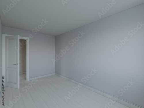 Empty interior. New room without decor and furniture. New living space. Apartment project. 3d rendering