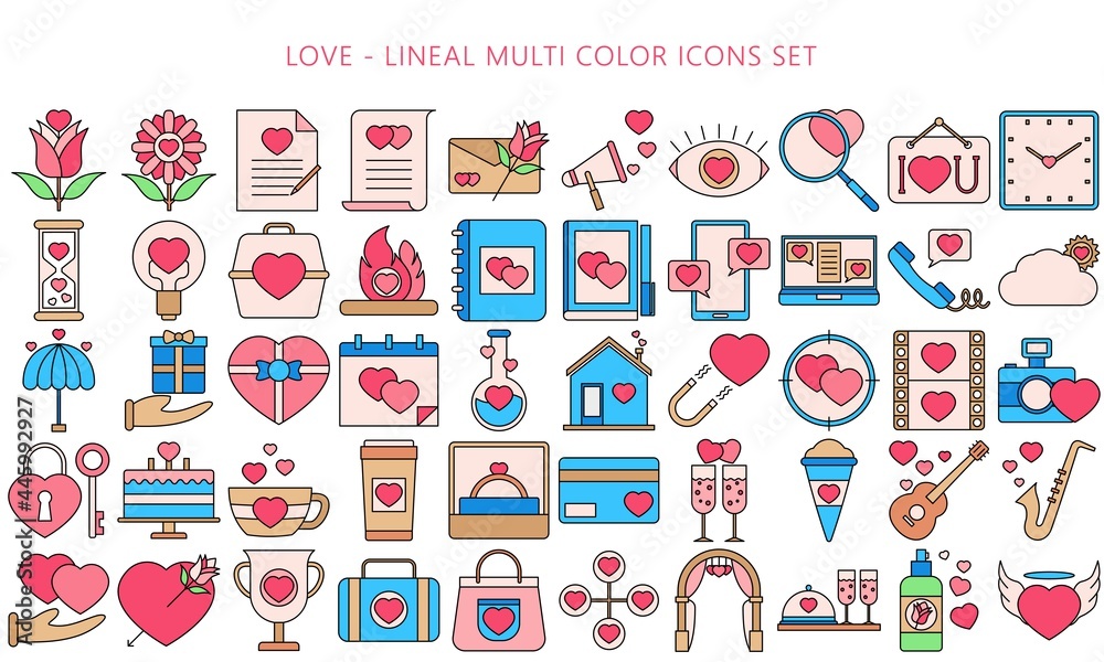 Multi-color Love icons set in thin black outline style, modern minimalist pictograms for mobile UI or UX kit, infographics and web sites. include heart, cupid, flower. EPS 10 ready convert to SVG.