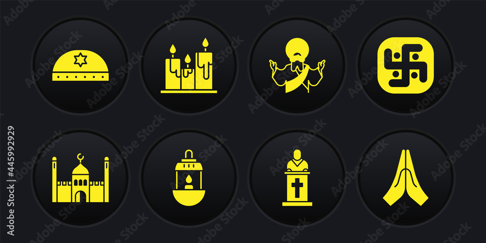 Set Muslim Mosque, Jainism, Ramadan Kareem lantern, Church pastor preaching, Jesus Christ, Burning candles, Hands praying position and Jewish kippah with star of david icon. Vector