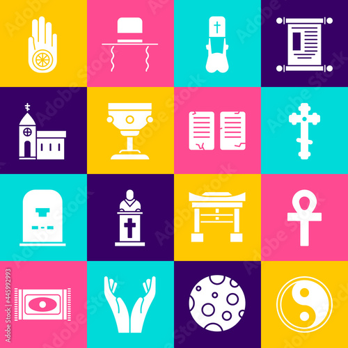 Set Yin Yang, Cross ankh, Christian cross, Priest, chalice, Church building, Jainism or Jain Dharma and The commandments icon. Vector