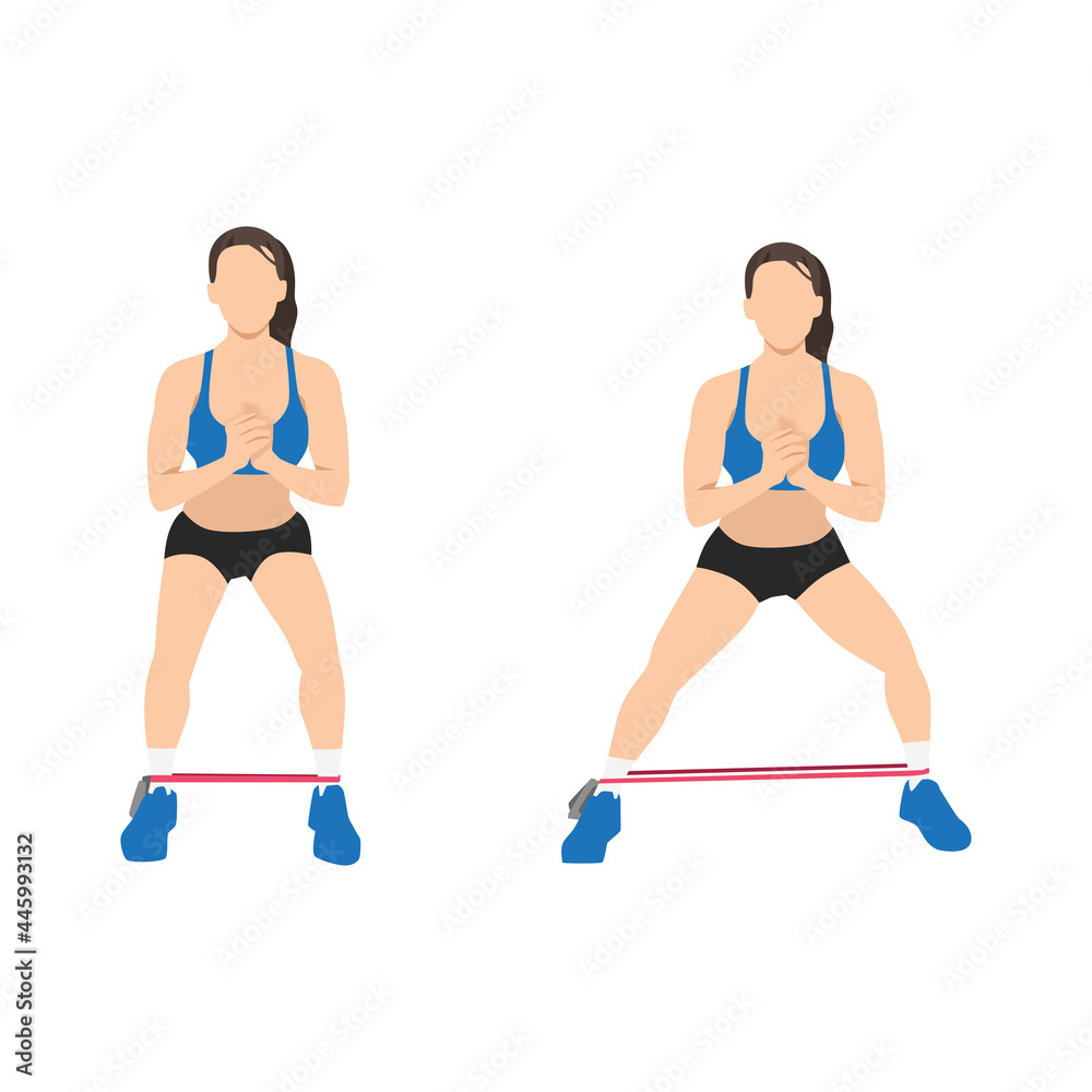 Stockvector Woman doing Resistance band side steps exercise. Flat vector  illustration isolated on white background