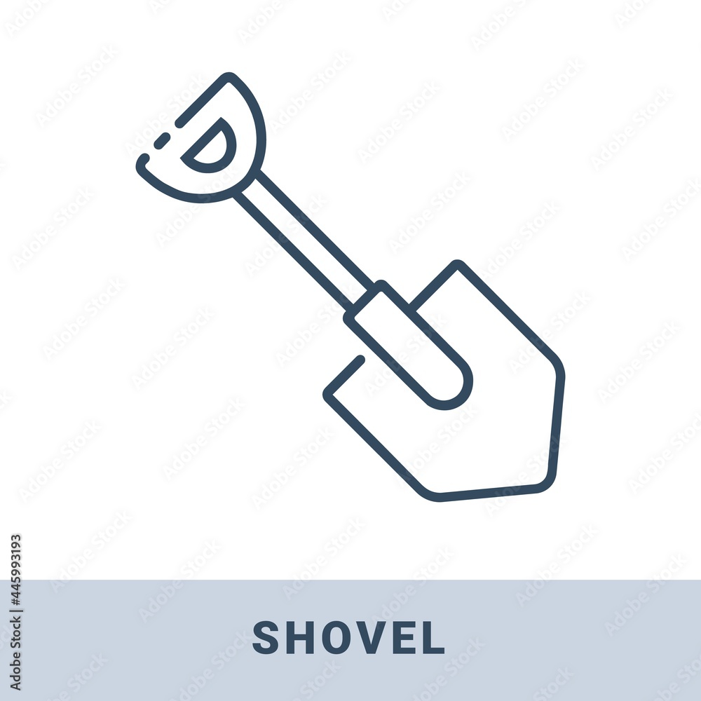 Farm shovel outline icon. Vector monochrome illustration isolated on white background. Hand construction tool for renovation work. Farm shovel outline icon. Vector monochrome illustration isolated on white background. Hand construction tool for renovation work.