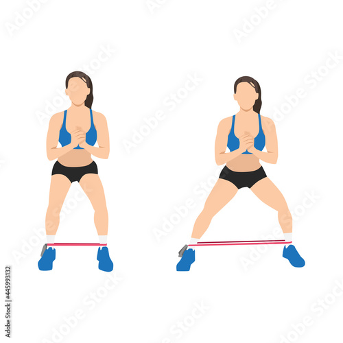 Woman doing Resistance band side steps exercise. Flat vector illustration isolated on white background