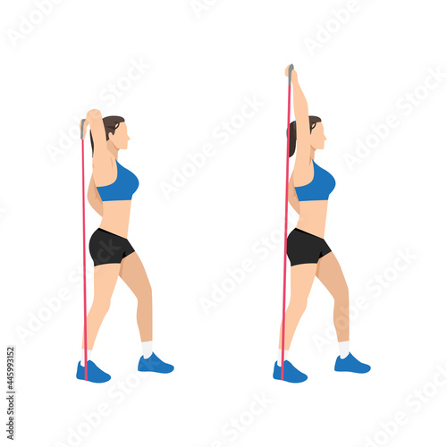 Woman doing Resistance band tricep overhead extensions exercise. Flat vector illustration isolated on white background