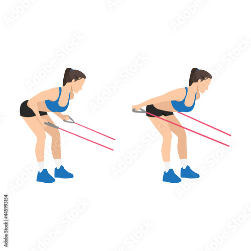 Woman doing Resistance band tricep kickbacks exercise. Flat vector illustration isolated on white background