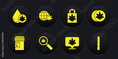 Set Medical bottle with cannabis, Herbal ecstasy tablets, Magnifying glass and marijuana, Location, Shopping paper bag of, Legalize globe, Marijuana joint and or olive oil icon. Vector