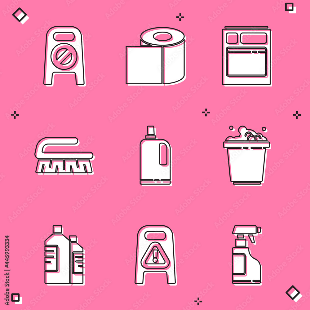 Set Wet floor and cleaning in progress, Toilet paper roll, Kitchen  dishwasher machine, Brush for, Fabric softener, Bucket with soap suds,  Bottles agent and icon. Vector Stock Vector | Adobe Stock