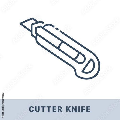 Construction cutter knife with disposable snap off blades outline icon. Vector monochrome illustration isolated on white background. Hand construction tool for renovation work.