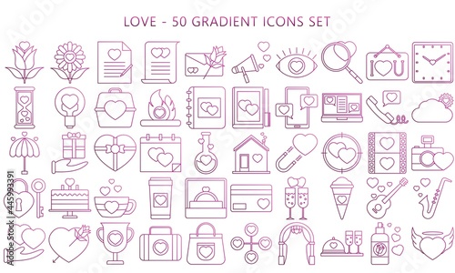 Love gradient icons set, modern minimalist pictograms for mobile UI or UX kit, infographics and web sites. include heart, cupid, flower. EPS 10 ready convert to SVG.
