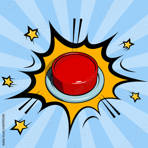 Big red push button in comic cartoon style. Vector illustration