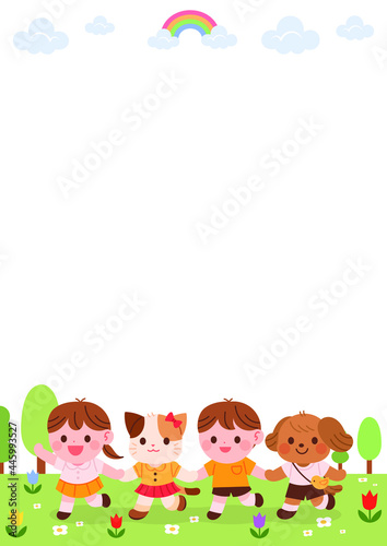 Cute children holding hands and walking through the flower garden. Blank cute background for kindergarten notice.